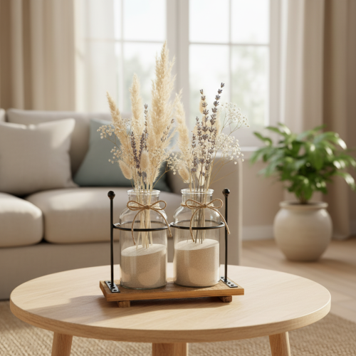 Decorative bottle vase, glass and wood, 23x12x19.5cm, 2 pieces | Floristik24.ie