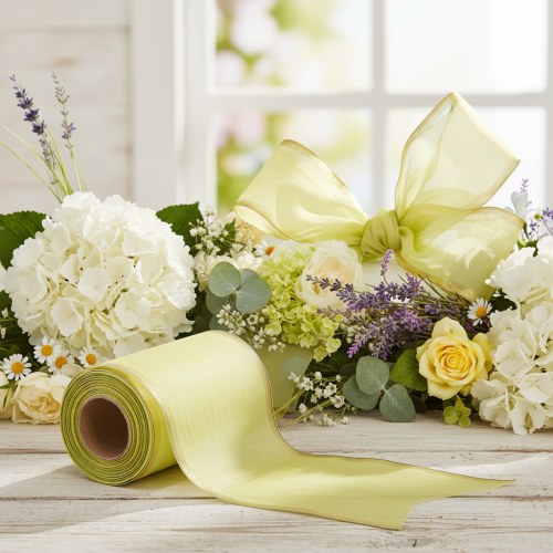 Product Moiré wreath ribbon 150mm 25m in light green with gold edge for floristry and decoration