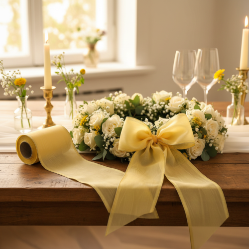 Product Moiré wreath ribbon, yellow with gold trim, decorative floral ribbon, acetate/polyester, 150mm x 25m