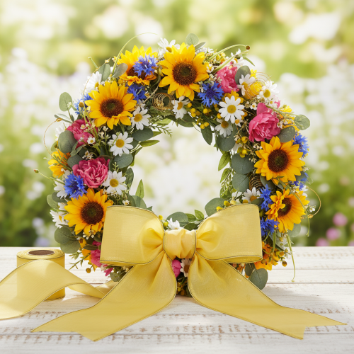 Product Moiré wreath ribbon, yellow with gold trim, 125mm x 25m - High-quality mourning ribbon, decorative ribbon, bow ribbon