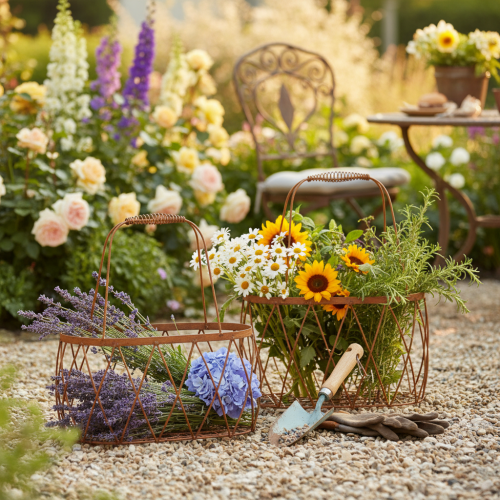 Oval wire basket with handle, garden decoration, rust finish, 30/25cm, set of 2 | Floristik24.ie