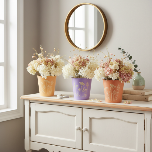 ProductName  
Set of 3 Metal Plant Pots with Pastel Floral Design, 10cm  

ProductDescription  
<h2>Decorative Metal Plant Pots with Pastel Floral Design</h2>  

<p>Bring charm and character to your home with this set of 3 metal plant pots, featuring a de | Floristik24.ie