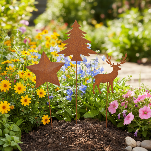 Garden stake, weathered steel, deer, star, fir tree, H10/15cm, 3 pieces | Floristik24.ie