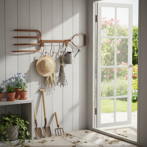 Product Rusty metal hook rail, decorative hay fork, garden decoration, 4 hooks, 62cm
