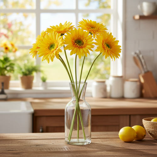 Artificial Gerbera Flowers, Sunny Yellow, Garden Flower, 47cm, 6 Pieces | Floristik24.ie