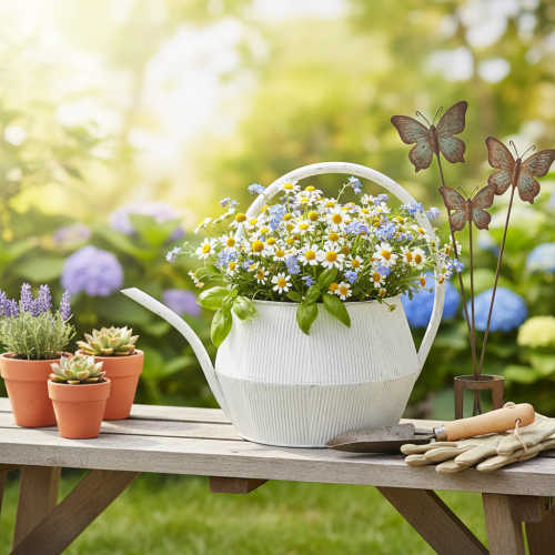 Decorative Watering Can White Vintage Metal Grooved Flower Pot 25cm | Floristik24.ie
