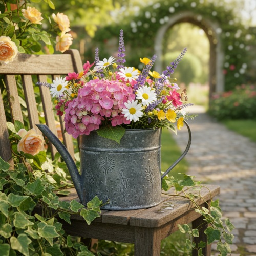 Vintage metal watering can decoration, grey with flowers, H13cm Ø13cm | Floristik24.ie