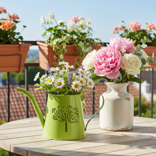 Decorative metal watering can, dandelion design, green, 12cm high, 2 pieces, decorative vase, shabby chic | Floristik24.ie
