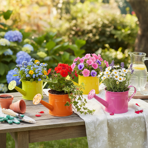 Colorful decorative watering can, Ø11cm, H9.5cm, for planting, spring table decoration, metal, set of 8 | Floristik24.ie