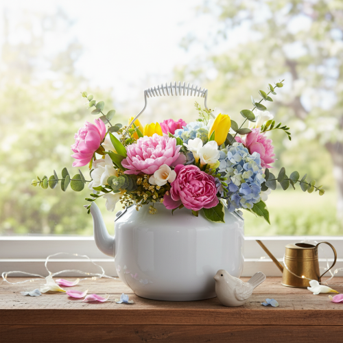 Decorative metal teapot with vintage look for flower arrangements | Floristik24.ie