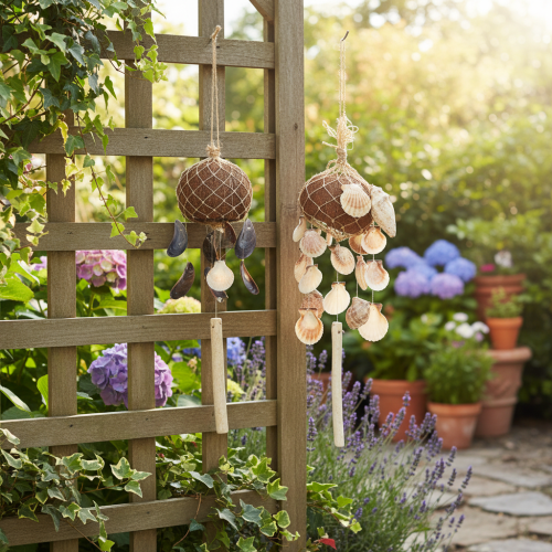 Summer chimes Sea shells with coconut Marine decor 53cm 2pcs | Floristik24.ie