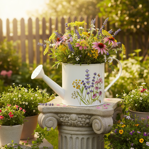Product White metal watering can with floral motif, 13.5cm, decorative planter
