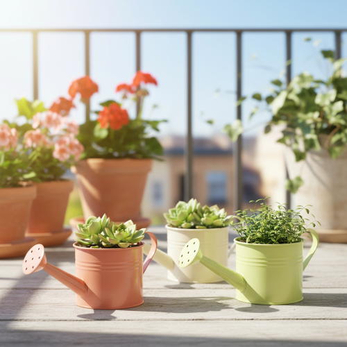 Decorative watering can set in pastel salmon, green, yellow-green - metal planter Ø11cm H10cm, 8 pieces | Floristik24.ie