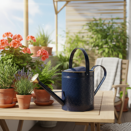 Product Decorative watering can, vintage blue and gold checkered metal, retro design for indoor use, garden, or balcony, 65cm