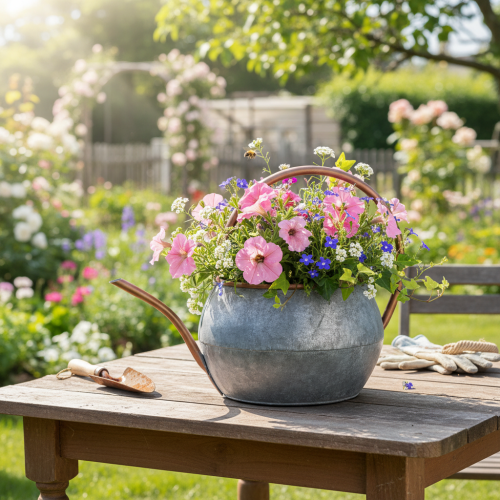 Metal decorative watering can, vintage country style, garden decoration, for planting, silver copper, L41cm Ø26cm H30cm | Floristik24.ie