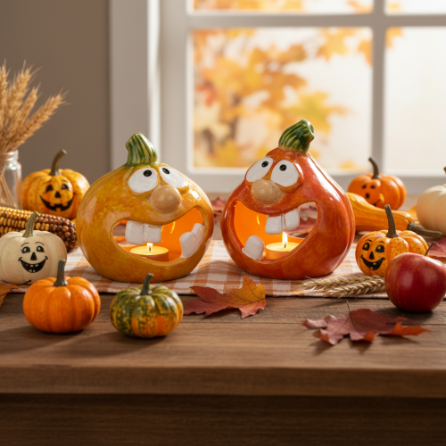 Pumpkin decorative figure and tealight holder, funny face, autumn decoration, 12cm, 2 pieces | Floristik24.ie