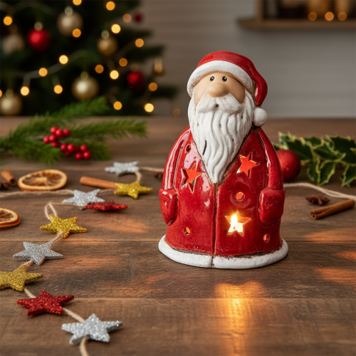 Santa Claus decorative figure as a tealight holder with stars, table decoration, 15cm | Floristik24.ie