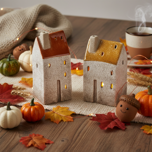 Ceramic house decoration with chimney, tealight house, autumn and winter, 13cm, 2 pieces | Floristik24.ie