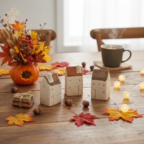Decorative ceramic house set, miniature houses for standing, 7cm, 3 pieces | Floristik24.ie