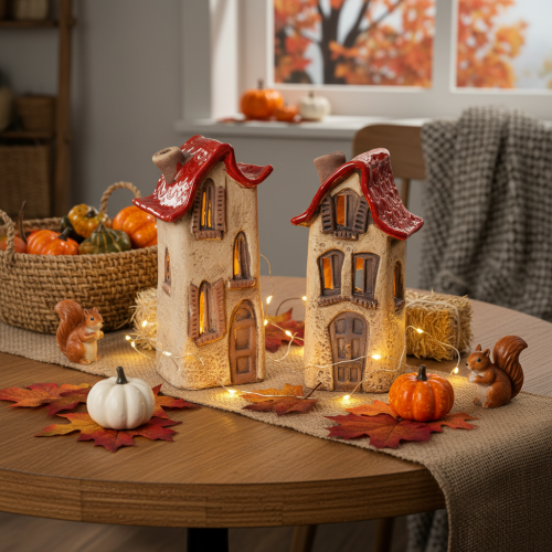 Ceramic house decoration with red roof, light-up house, 15cm, 2 pieces | Floristik24.ie