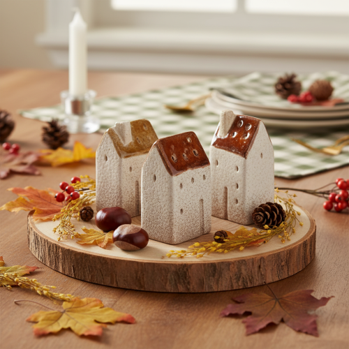 Decorative ceramic miniature houses set, table decoration, 9cm, 3 pieces | Floristik24.ie