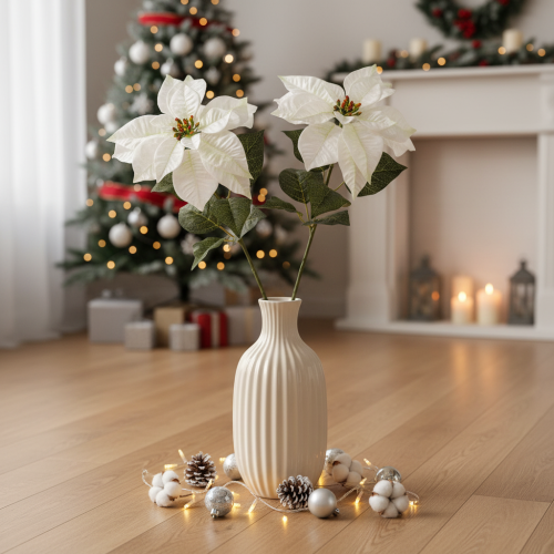 Artificial white poinsettia, large flowering branch decoration, 65cm, 2 pieces | Floristik24.ie
