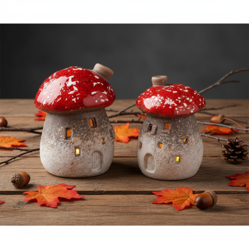 Mushroom House Light House Decorative Figurine Fly Agaric with Chimney 10cm 2pcs | Floristik24.ie