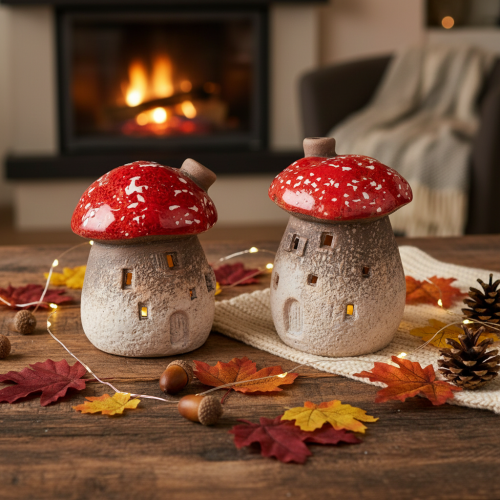 Mushroom House Light House Decorative Figurine Fly Agaric with Chimney 10cm 2pcs | Floristik24.ie