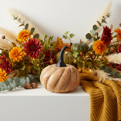 Wooden pumpkin with metal handle natural black Ø12cm H13cm | Floristik24.ie