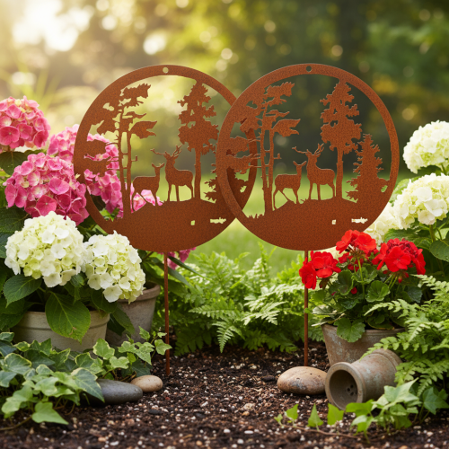 Garden stake, rust-colored, round, deer silhouette, forest decoration, 53cm, 2 pieces | Floristik24.ie