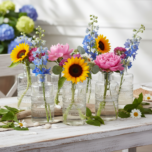 Glass bottle with pattern, cylindrical, clear, decorative vase, 15cm, 6 pieces | Floristik24.ie