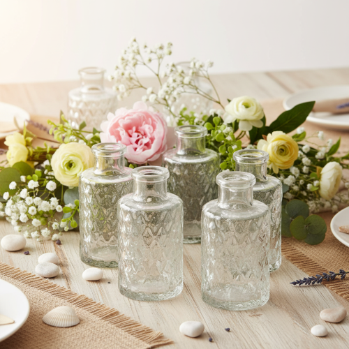 Mini glass vase with diamond pattern, small table vase, bottle, transparent, 9cm, 6 pieces | Floristik24.ie