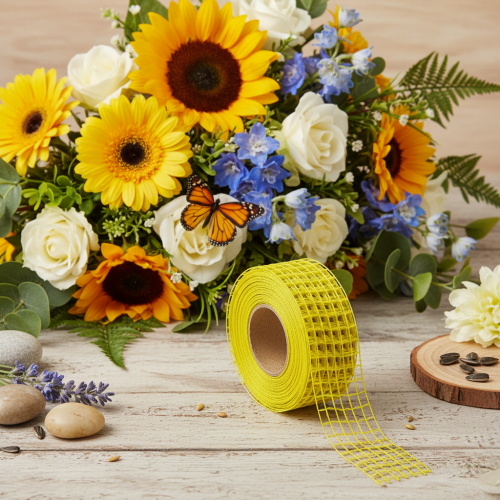 Yellow mesh ribbon, 4.5 cm, gift ribbon for creative decoration | Floristik24.ie