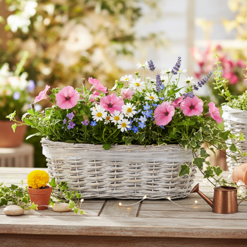 Basket planter with foil insert, oval, white, 37cm | Floristik24.ie