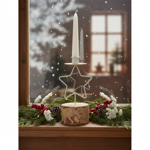 Star-shaped candle holder with wooden base for a 20cm candle | Floristik24.ie