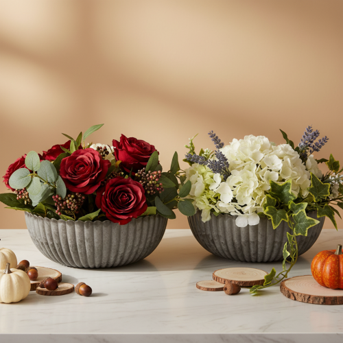 Round, grooved bowl, decorative container for floral arrangements, 20cm, 2 pieces | Floristik24.ie