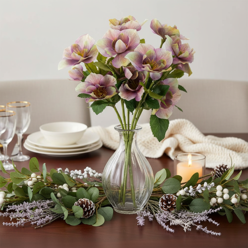 Artificial Christmas rose bunch with purple blossoms, 35cm, 6 pieces | Floristik24.ie