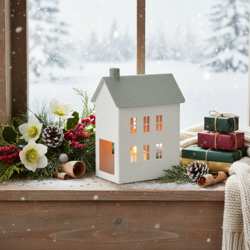 Product Decorative metal house-shaped house with windows and chimney, 22cm