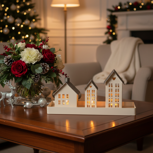 Light House Set Metal Three Houses on Tray 35cm 1 Set | Floristik24.ie