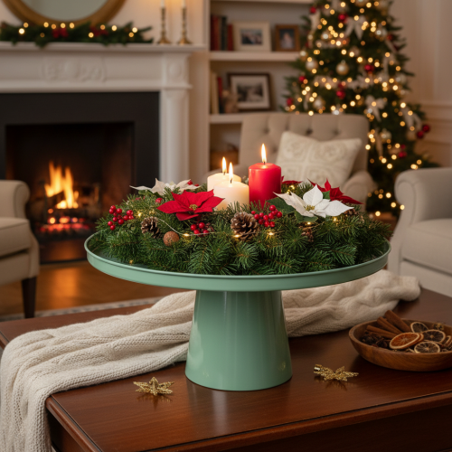Green round metal decorative table, 40 cm diameter, with high rim | Floristik24.ie