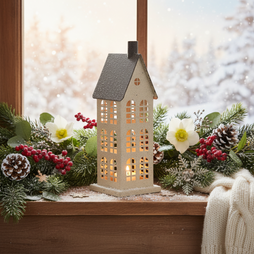 Product Decorative metal house with windows and fireplace, 28cm