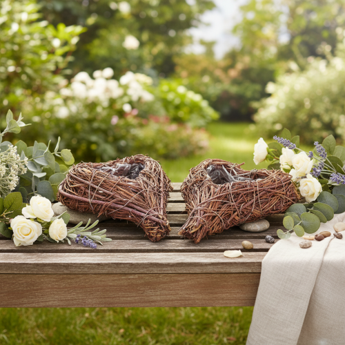 Heart-shaped bowl with branches and foil insert for floral arrangements, 14cm, 2 pieces | Floristik24.ie