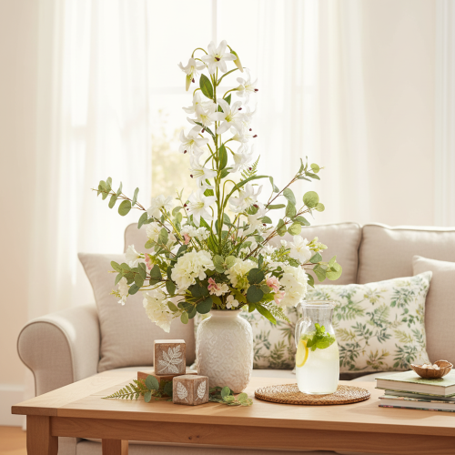 Artificial white lily with long flowering branch, decorative, 80cm | Floristik24.ie