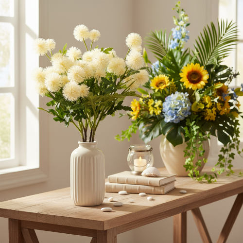 Artificial chrysanthemum flower, creamy white bunch, decorative branch, large 56cm, 4 pieces | Floristik24.ie
