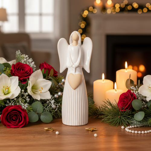 Angel figurine with heart decoration in cream white, 23cm | Floristik24.ie