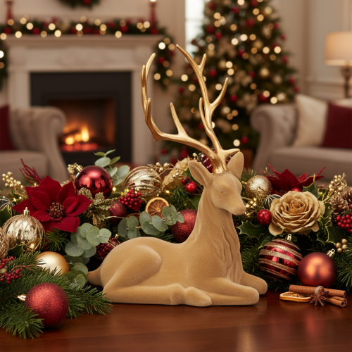 Product Decorative figurine of a reclining deer with antlers, flocked decoration, 58cm