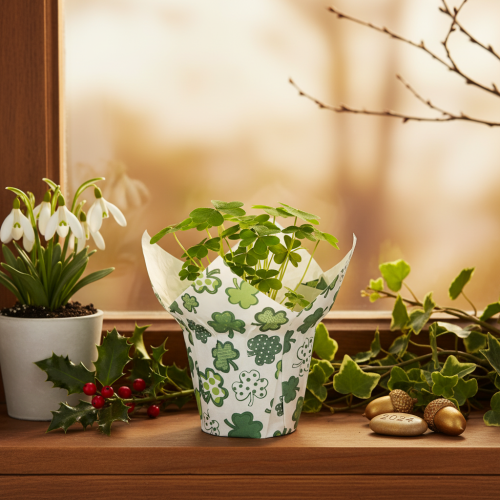 Product Paper flower pot with clover motif, New Year's decoration, 12cm, 12 pieces