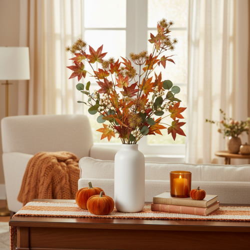 Product Artificial autumn branch of sweetgum tree with leaves and fruit clusters, 132cm