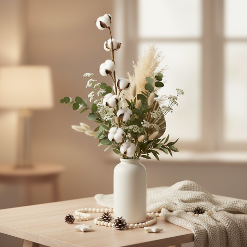 Artificial cotton branch with 8 real flowers, 78cm | Floristik24.ie
