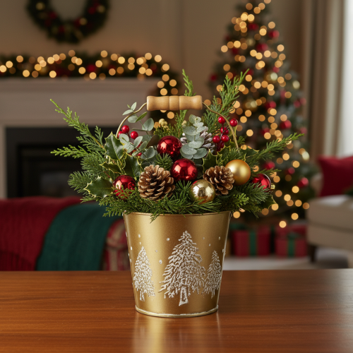 Metal Bucket Christmas Tree Planter Gold Ø12cm H11.5cm | Floristik24.ie